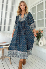 JAASE - Boheme Midi Dress: Piping Defined Bust Slimline Smock Dress in Nico Print