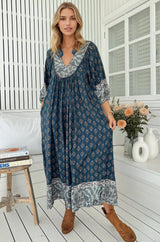 JAASE - Boheme Midi Dress: Piping Defined Bust Slimline Smock Dress in Nico Print