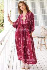JAASE - Boheme Midi Dress: Piping Defined Bust 3/4 Sleeve Smock Dress in Rhubarb Kiva Print