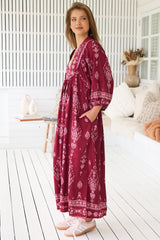 JAASE - Boheme Midi Dress: Piping Defined Bust 3/4 Sleeve Smock Dress in Rhubarb Kiva Print