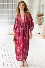 JAASE - Boheme Midi Dress: Piping Defined Bust 3/4 Sleeve Smock Dress in Rhubarb Kiva Print