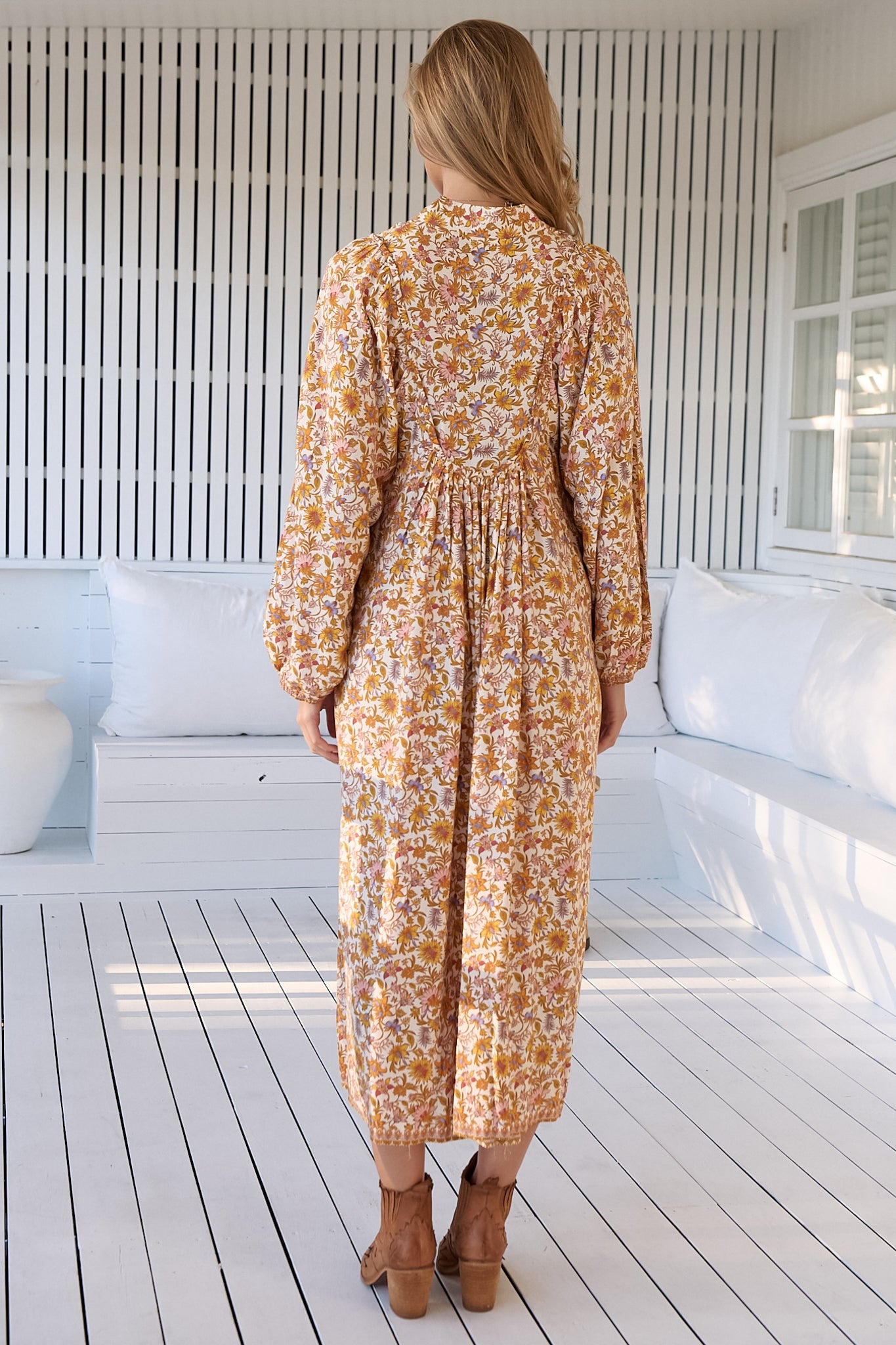 JAASE - Boheme Midi Dress: Piping Defined Bust Slimline Smock Dress in Solara Print