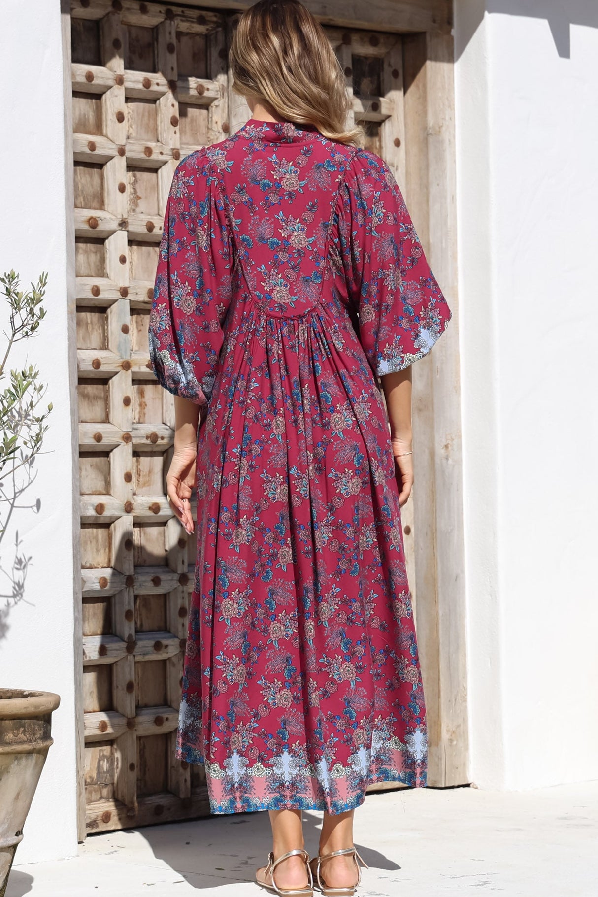 JAASE - Boheme Midi Dress: Piping Defined Bust Slimline Smock Dress In Strawberry Kiss Print