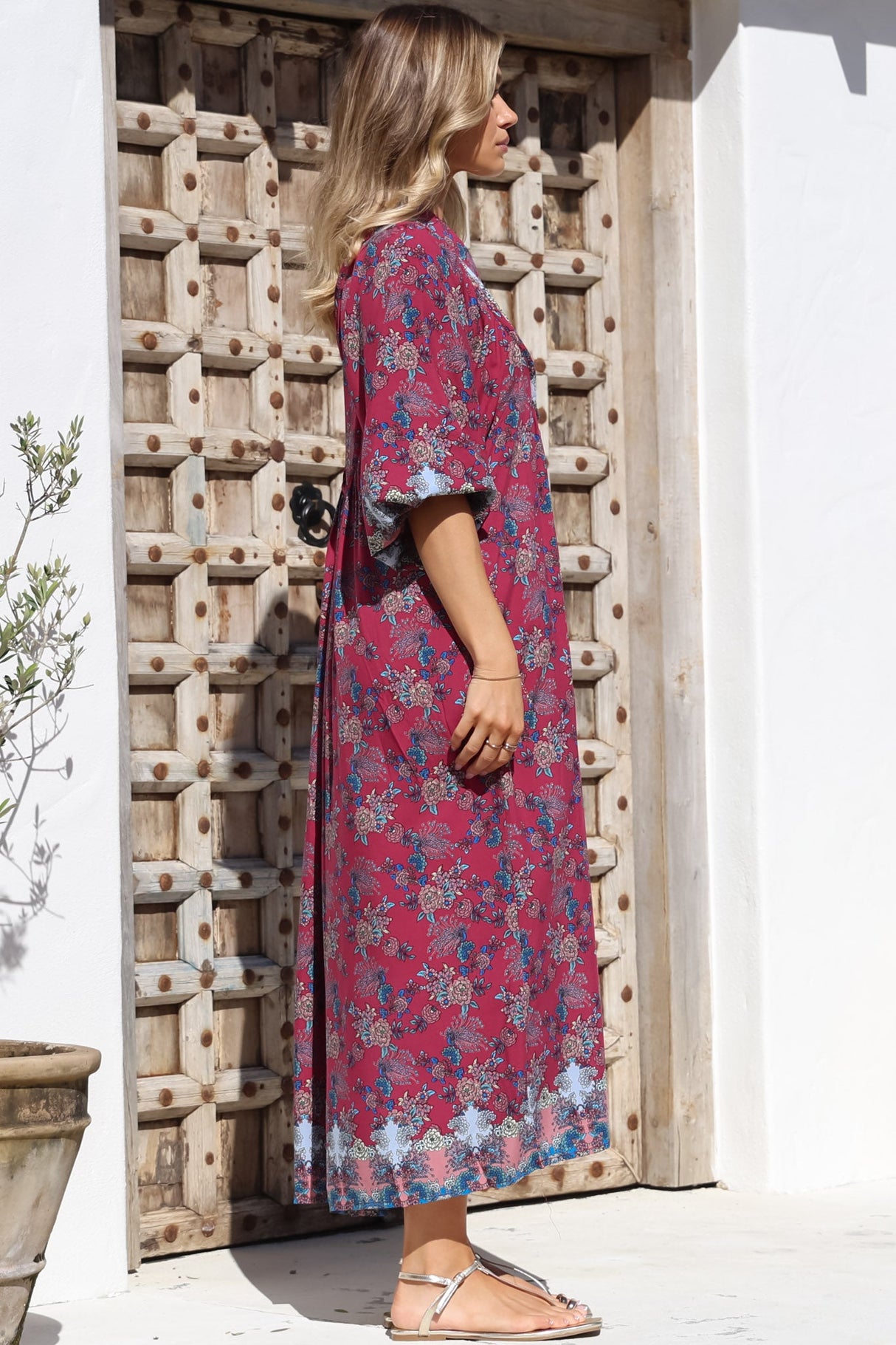 JAASE - Boheme Midi Dress: Piping Defined Bust Slimline Smock Dress In Strawberry Kiss Print