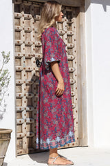 JAASE - Boheme Midi Dress: Piping Defined Bust Slimline Smock Dress In Strawberry Kiss Print