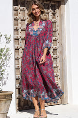 JAASE - Boheme Midi Dress: Piping Defined Bust Slimline Smock Dress In Strawberry Kiss Print