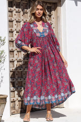 JAASE - Boheme Midi Dress: Piping Defined Bust Slimline Smock Dress In Strawberry Kiss Print