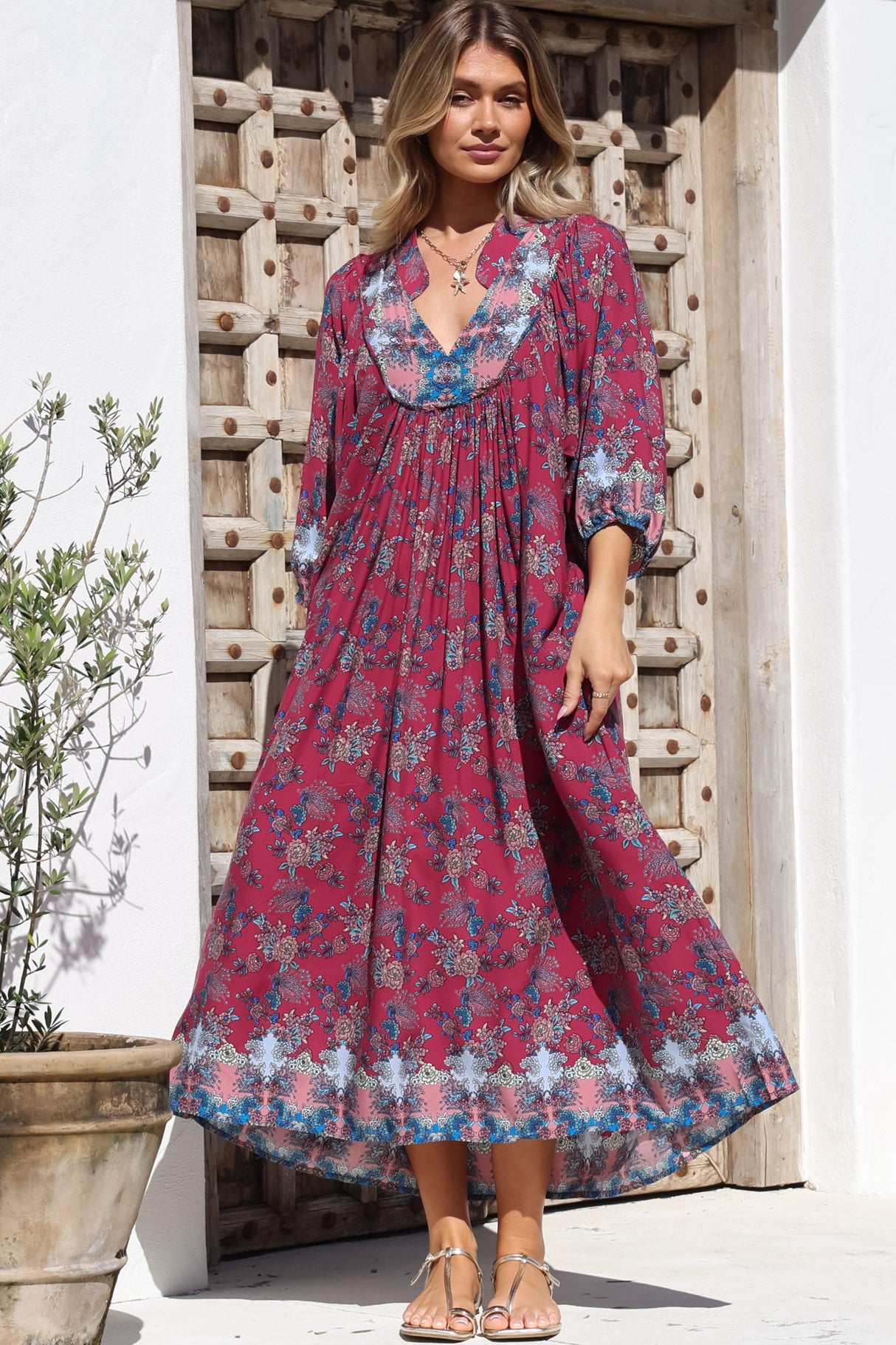 JAASE - Boheme Midi Dress: Piping Defined Bust Slimline Smock Dress In Strawberry Kiss Print