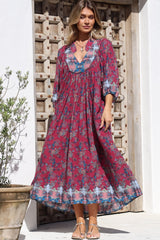 JAASE - Boheme Midi Dress: Piping Defined Bust Slimline Smock Dress In Strawberry Kiss Print