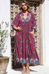JAASE - Boheme Midi Dress: Piping Defined Bust Slimline Smock Dress In Strawberry Kiss Print