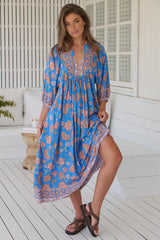 JAASE - Boheme Midi Dress: Piping Defined Bust Slimline Smock Dress in Sunseeker Print