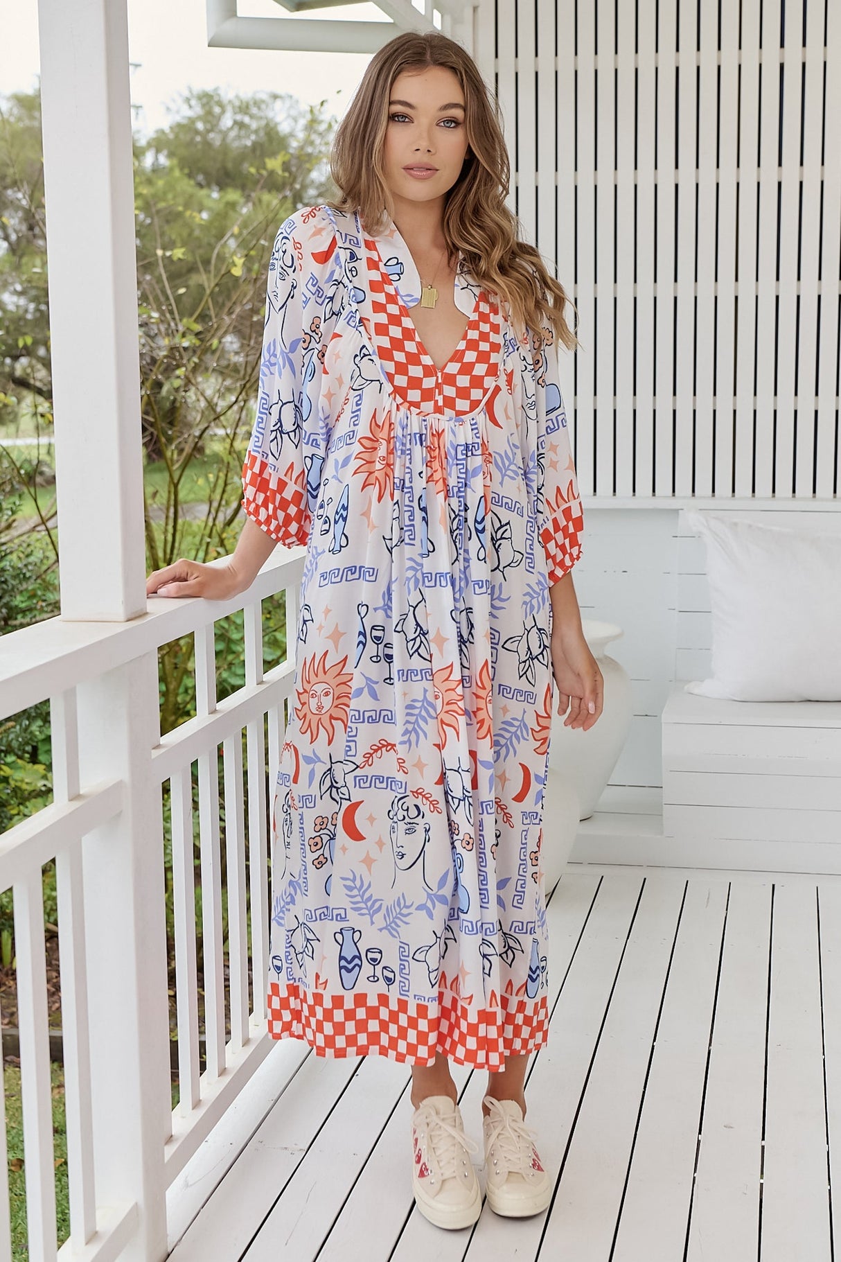 JAASE - Boheme Midi Dress: Piping Defined Bust Slimline Smock Dress in Symi Print