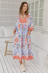 JAASE - Boheme Midi Dress: Piping Defined Bust Slimline Smock Dress in Symi Print