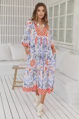 JAASE - Boheme Midi Dress: Piping Defined Bust Slimline Smock Dress in Symi Print