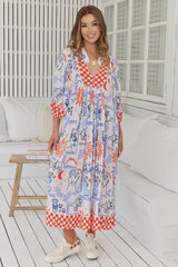 JAASE - Boheme Midi Dress: Piping Defined Bust Slimline Smock Dress in Symi Print