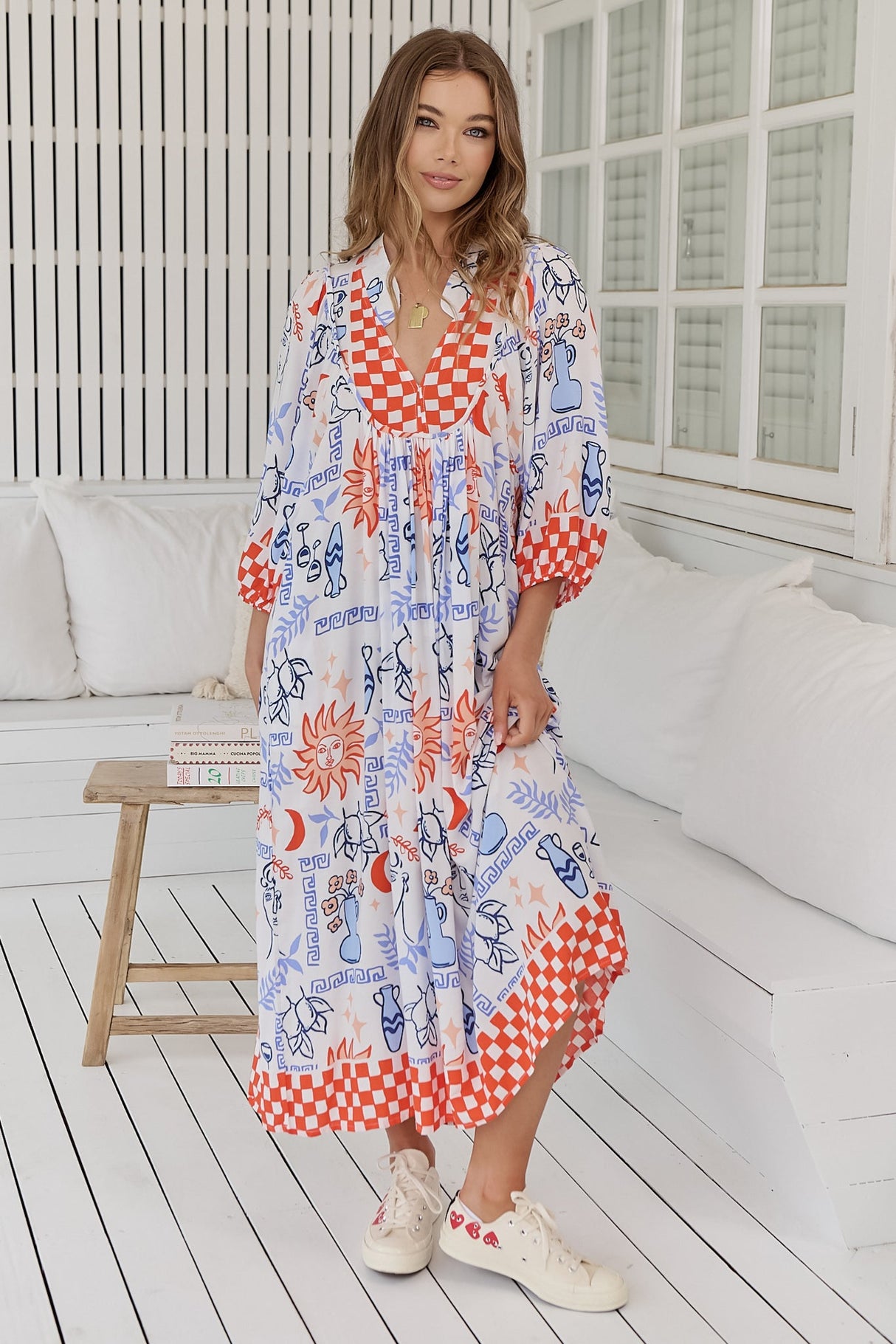 JAASE - Boheme Midi Dress: Piping Defined Bust Slimline Smock Dress in Symi Print