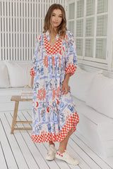 JAASE - Boheme Midi Dress: Piping Defined Bust Slimline Smock Dress in Symi Print