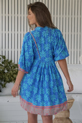 JAASE - Boheme Mini Dress: Mandarin Collar Slimline Smock Dress in Take Me On Vacay Print