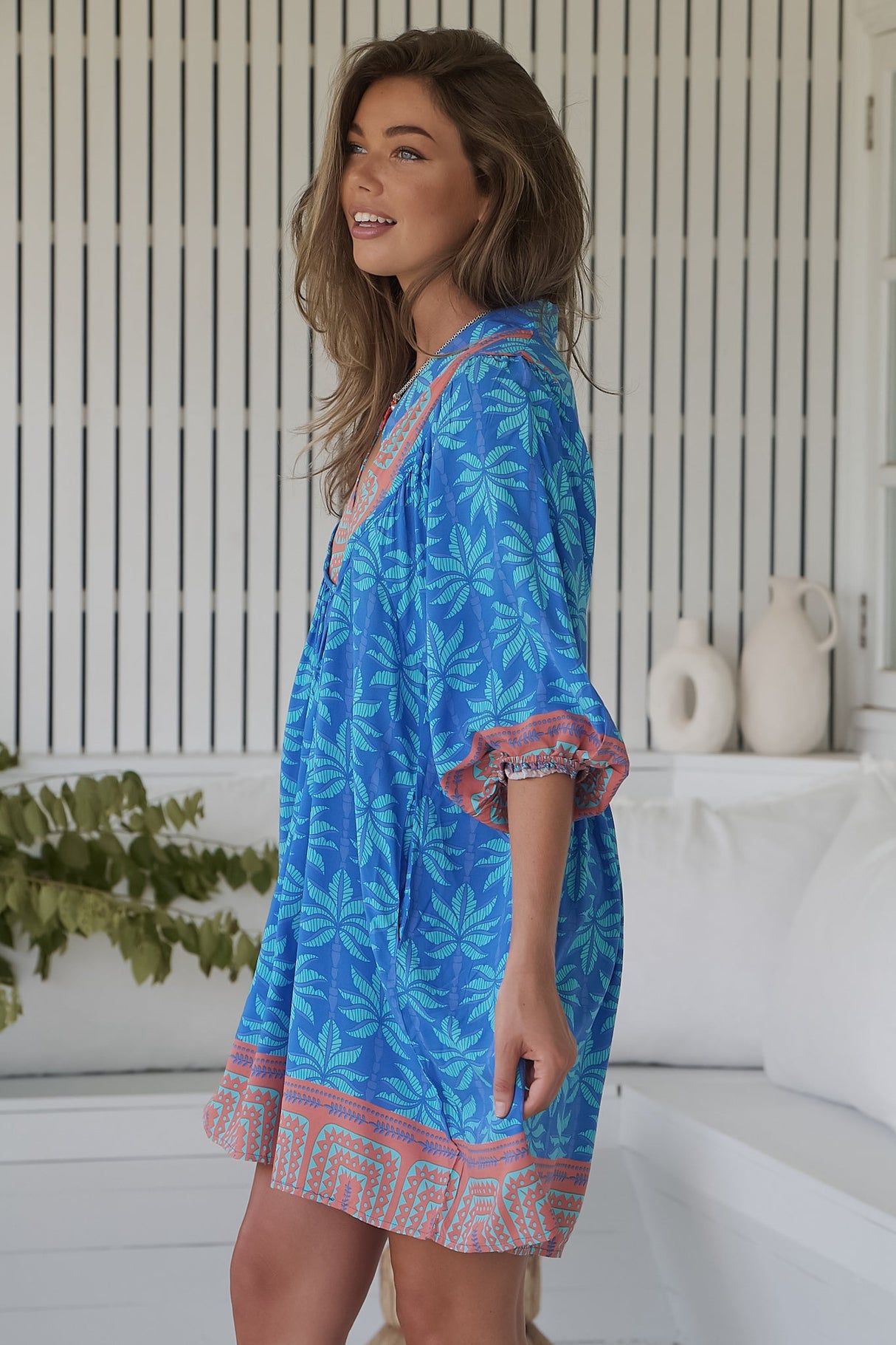 JAASE - Boheme Mini Dress: Mandarin Collar Slimline Smock Dress in Take Me On Vacay Print