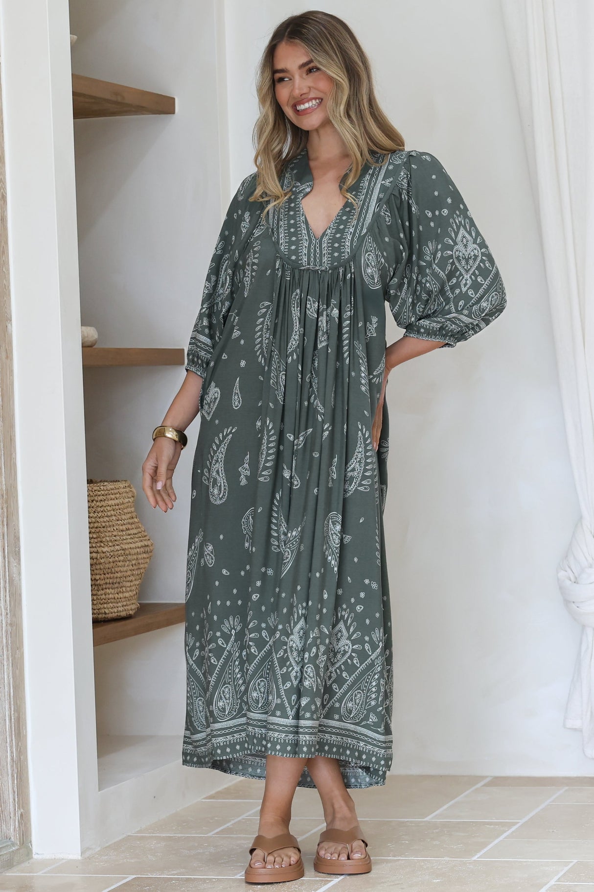 Boheme Midi Dress - Piping Defined Bust Slimline Smock Dress In Constance Print
