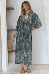 Boheme Midi Dress - Piping Defined Bust Slimline Smock Dress In Constance Print