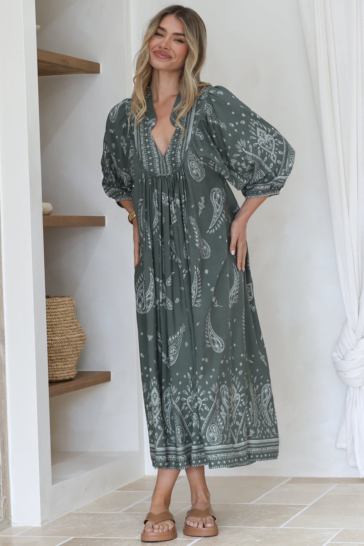 Boheme Midi Dress - Piping Defined Bust Slimline Smock Dress In Constance Print