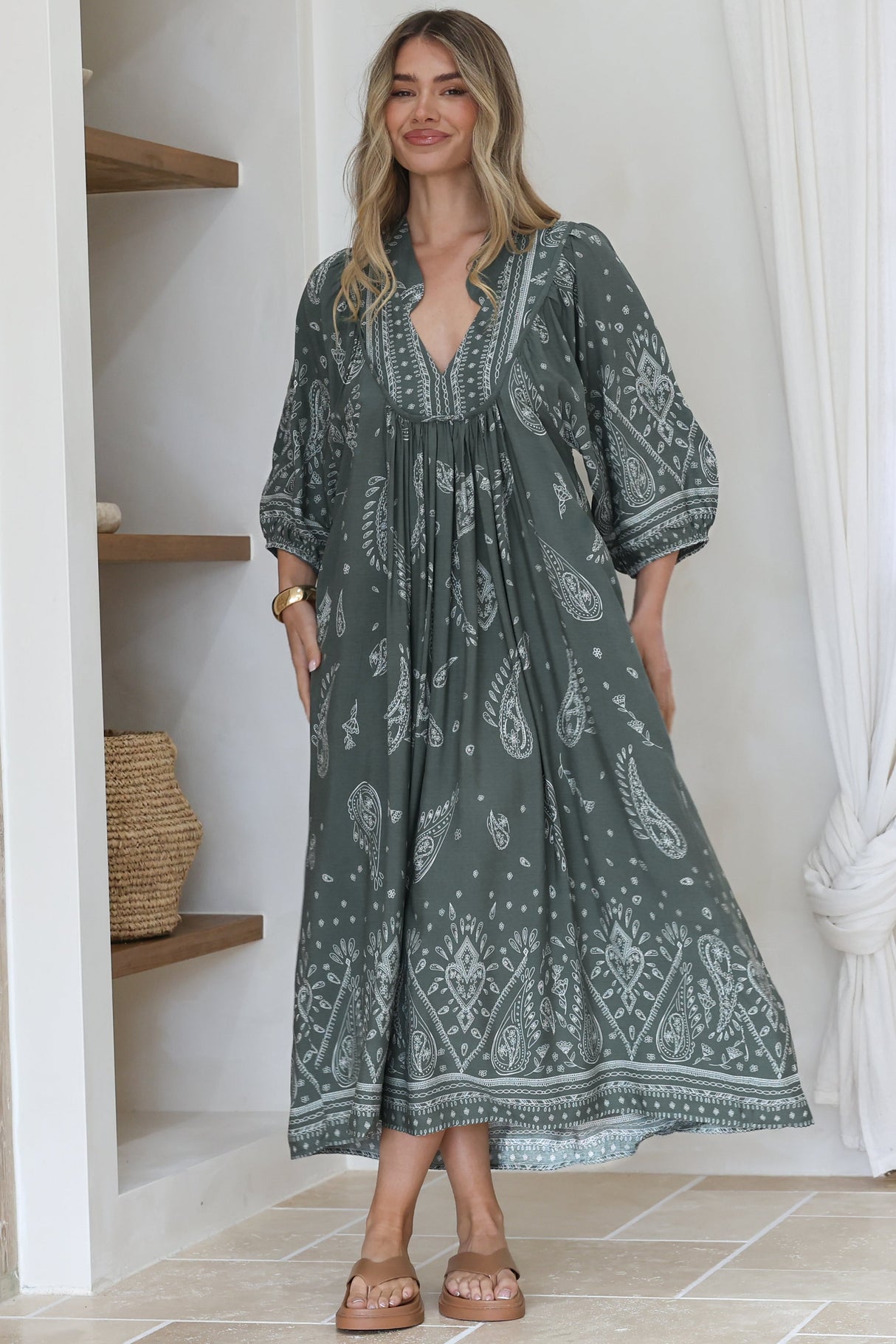 Boheme Midi Dress - Piping Defined Bust Slimline Smock Dress In Constance Print