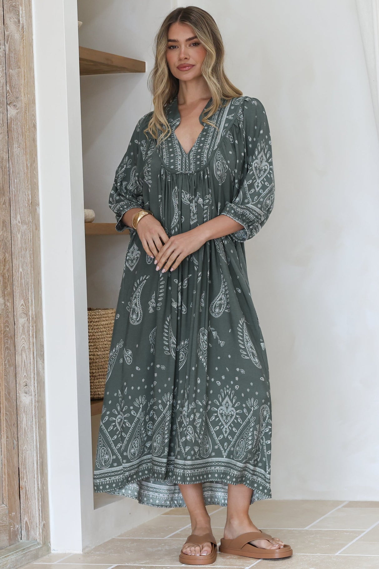 Boheme Midi Dress - Piping Defined Bust Slimline Smock Dress In Constance Print