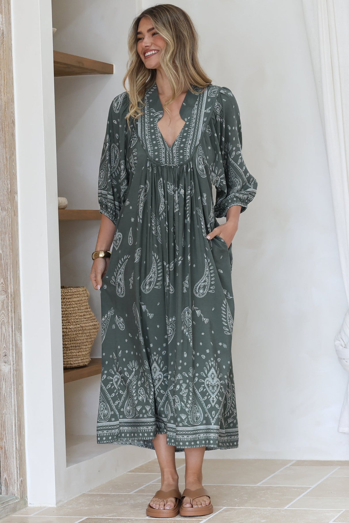 Boheme Midi Dress - Piping Defined Bust Slimline Smock Dress In Constance Print