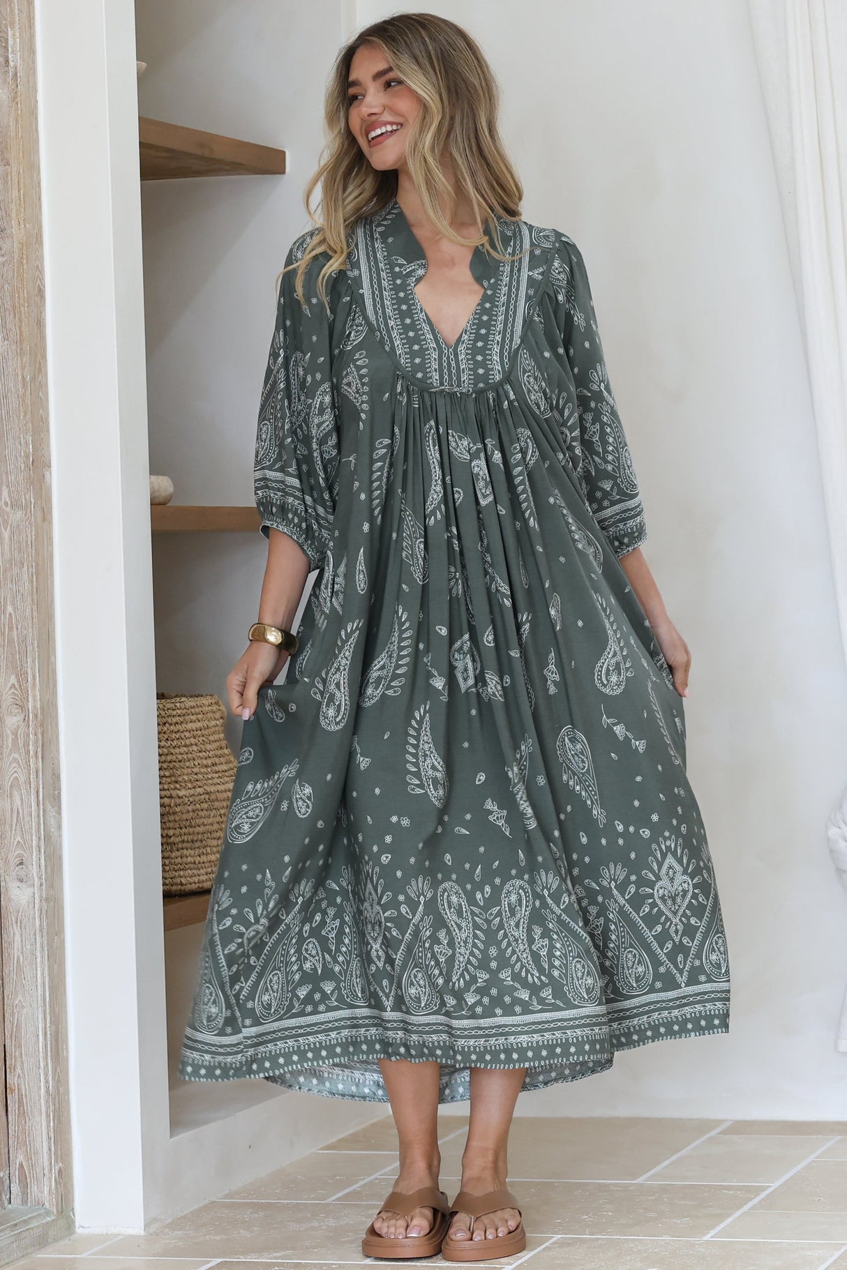 Boheme Midi Dress - Piping Defined Bust Slimline Smock Dress In Constance Print