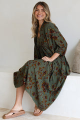 Boheme Midi Dress - Piping Defined Bust Slimline Smock Dress In Esme Print