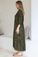 Boheme Midi Dress - Piping Defined Bust Slimline Smock Dress In Esme Print