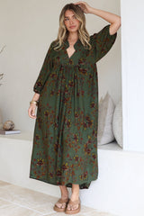 Boheme Midi Dress - Piping Defined Bust Slimline Smock Dress In Esme Print