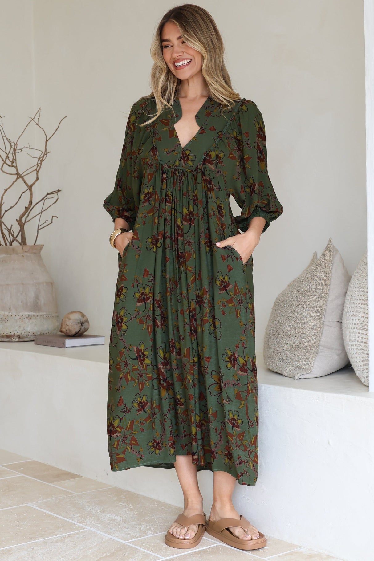 Boheme Midi Dress - Piping Defined Bust Slimline Smock Dress In Esme Print