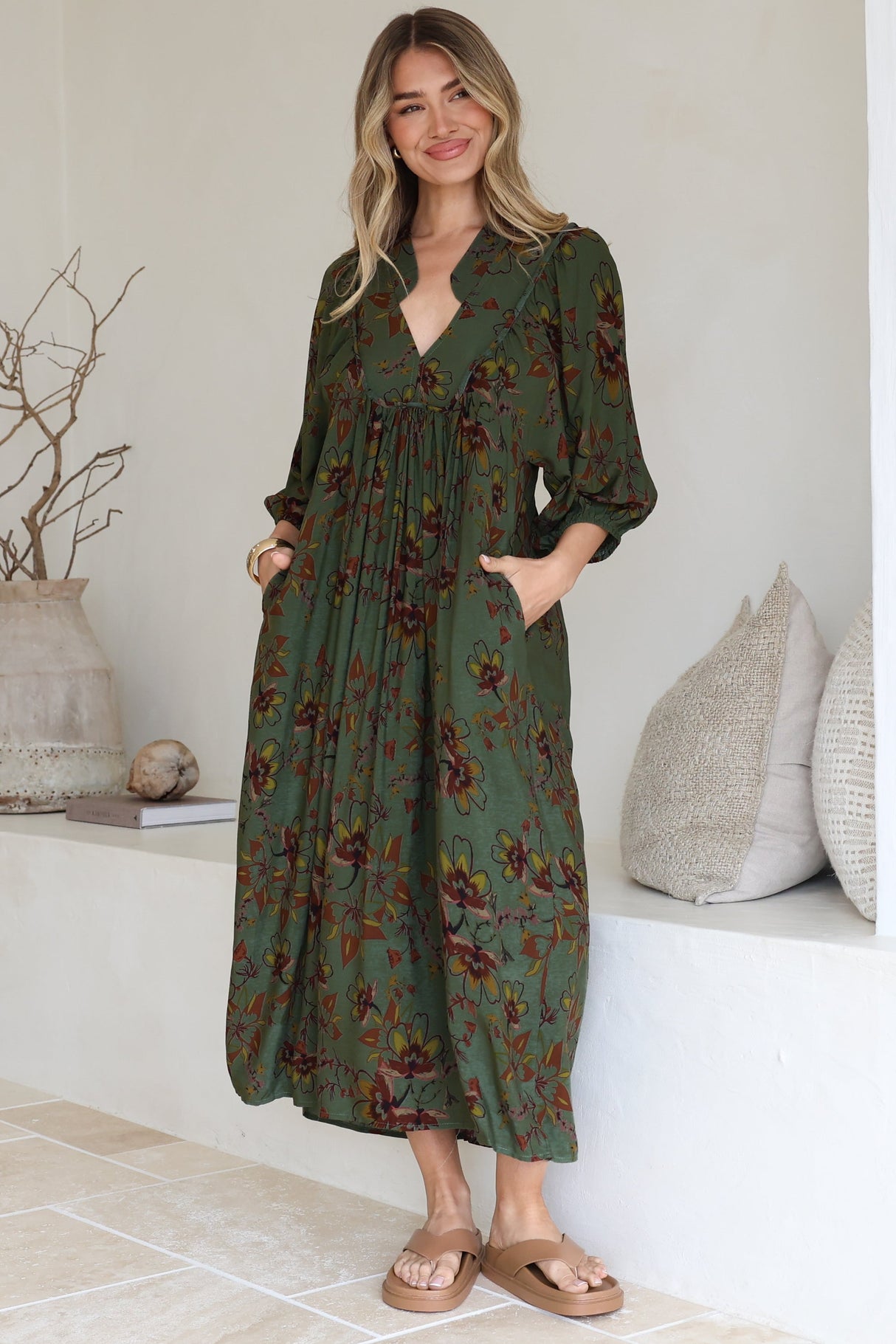Boheme Midi Dress - Piping Defined Bust Slimline Smock Dress In Esme Print
