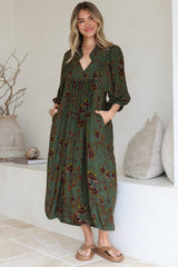 Boheme Midi Dress - Piping Defined Bust Slimline Smock Dress In Esme Print