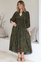 Boheme Midi Dress - Piping Defined Bust Slimline Smock Dress In Esme Print