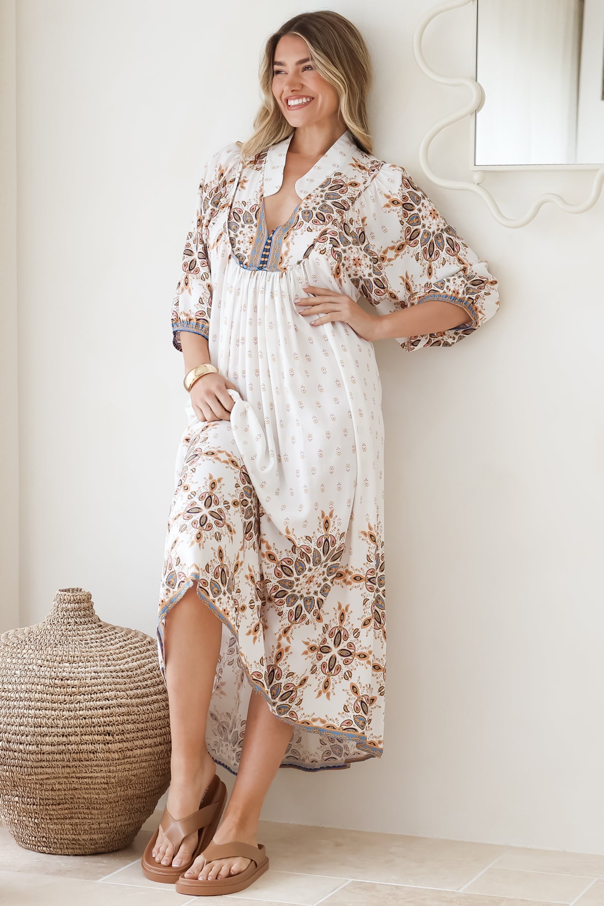 JAASE - Boheme Midi Dress: Piping Defined Bust Slimline Smock Dress In Gemstone Print