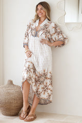 JAASE - Boheme Midi Dress: Piping Defined Bust Slimline Smock Dress In Gemstone Print