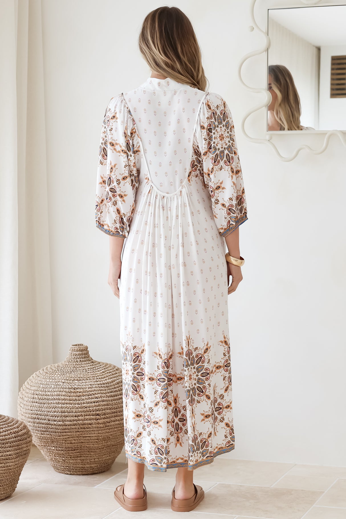 JAASE - Boheme Midi Dress: Piping Defined Bust Slimline Smock Dress In Gemstone Print