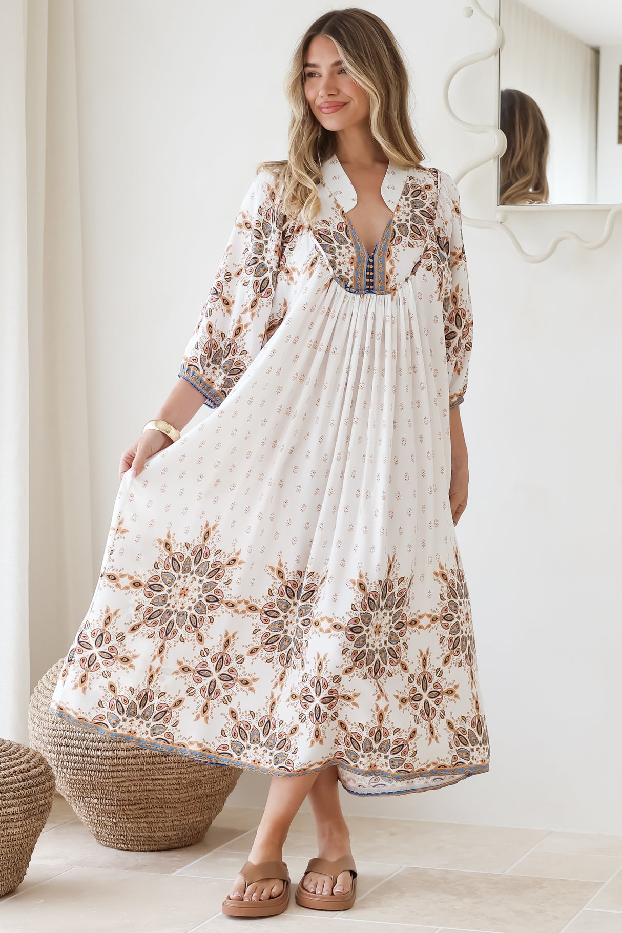JAASE - Boheme Midi Dress: Piping Defined Bust Slimline Smock Dress In Gemstone Print