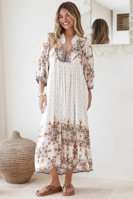JAASE - Boheme Midi Dress: Piping Defined Bust Slimline Smock Dress In Gemstone Print