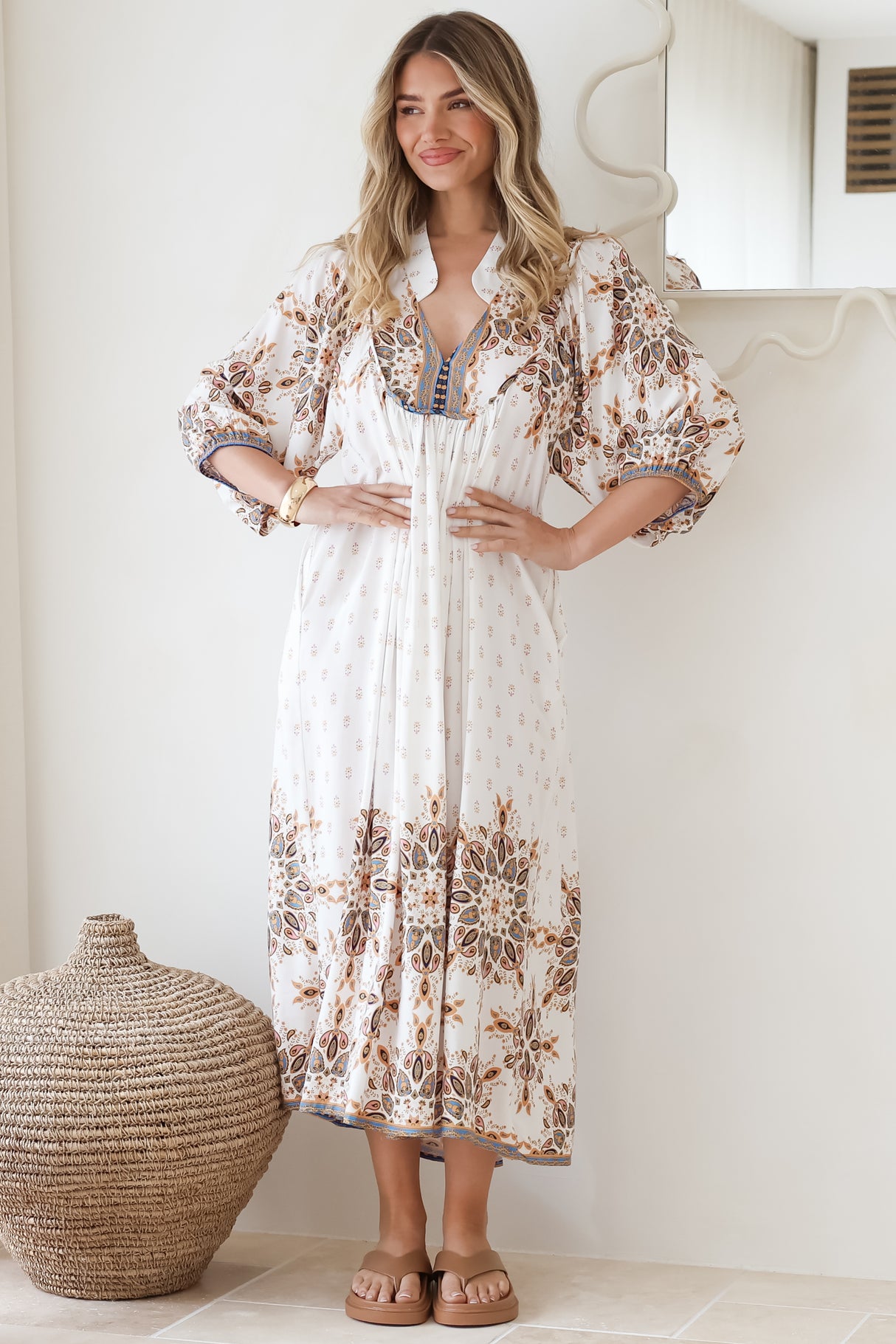 JAASE - Boheme Midi Dress: Piping Defined Bust Slimline Smock Dress In Gemstone Print