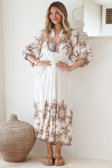 JAASE - Boheme Midi Dress: Piping Defined Bust Slimline Smock Dress In Gemstone Print