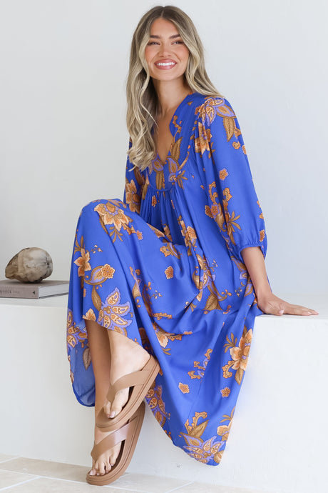 Boheme Midi Dress - Piping Defined Bust Slimline Smock Dress In Maribella Print