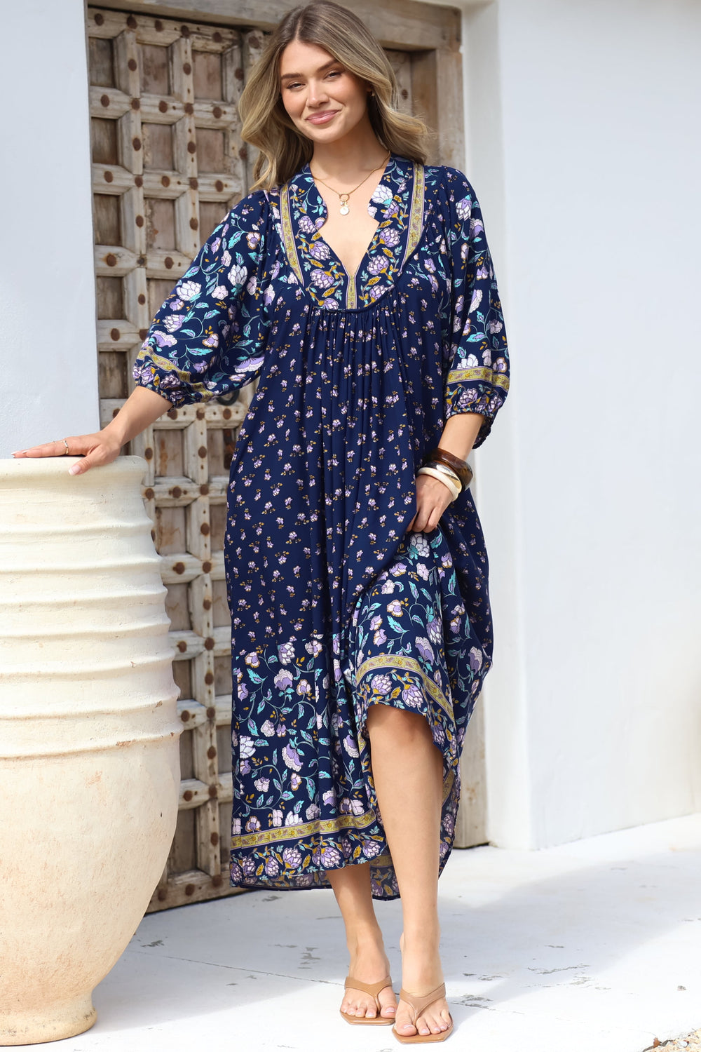 JAASE - Boheme Midi Dress: Piping Defined Bust Slimline Smock Dress In Wild Indigo Print