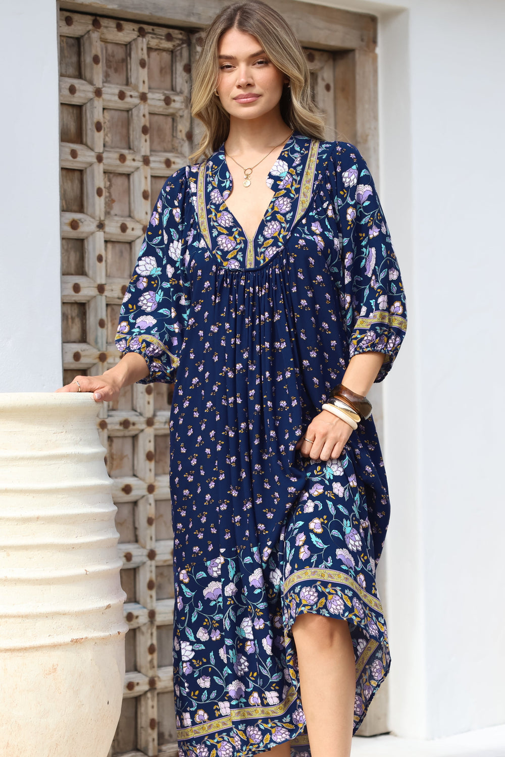 JAASE - Boheme Midi Dress: Piping Defined Bust Slimline Smock Dress In Wild Indigo Print