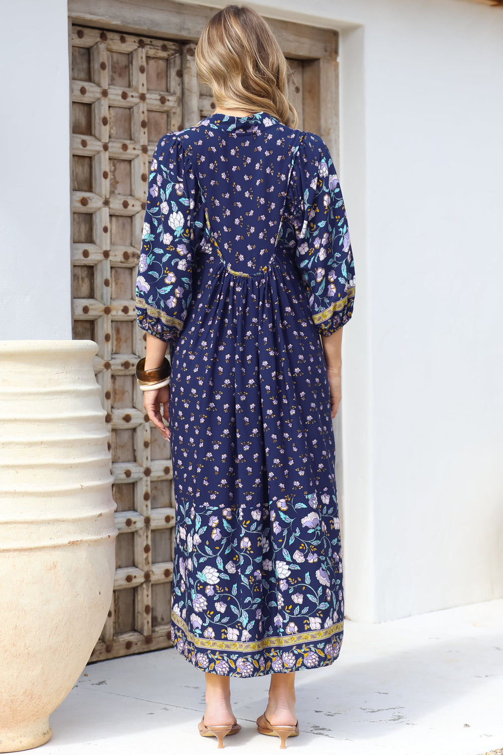 JAASE - Boheme Midi Dress: Piping Defined Bust Slimline Smock Dress In Wild Indigo Print