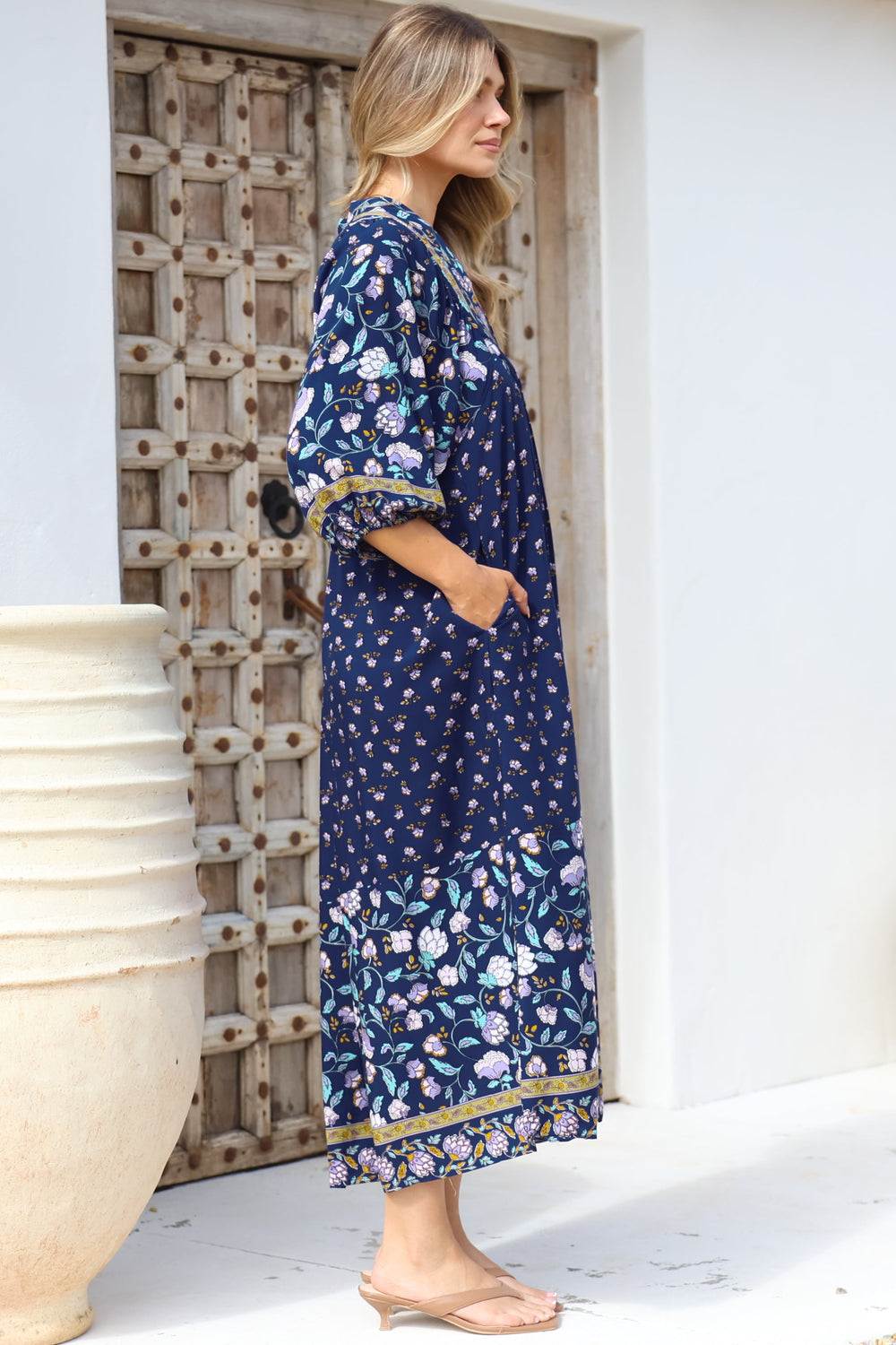 JAASE - Boheme Midi Dress: Piping Defined Bust Slimline Smock Dress In Wild Indigo Print