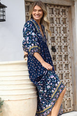 JAASE - Boheme Midi Dress: Piping Defined Bust Slimline Smock Dress In Wild Indigo Print